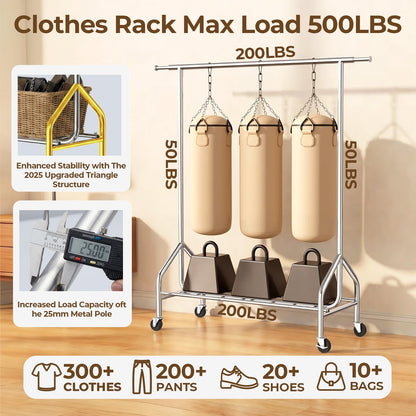 Okmeilnk Heavy Duty Clothes Rack Load 500 LBS，Clothes Rack for Hanging Clothes，Rolling Garment Rack, Adjustable Freestanding Wardrobe Closet Coat Rack for Bedroom Laundry Living Room, Silver