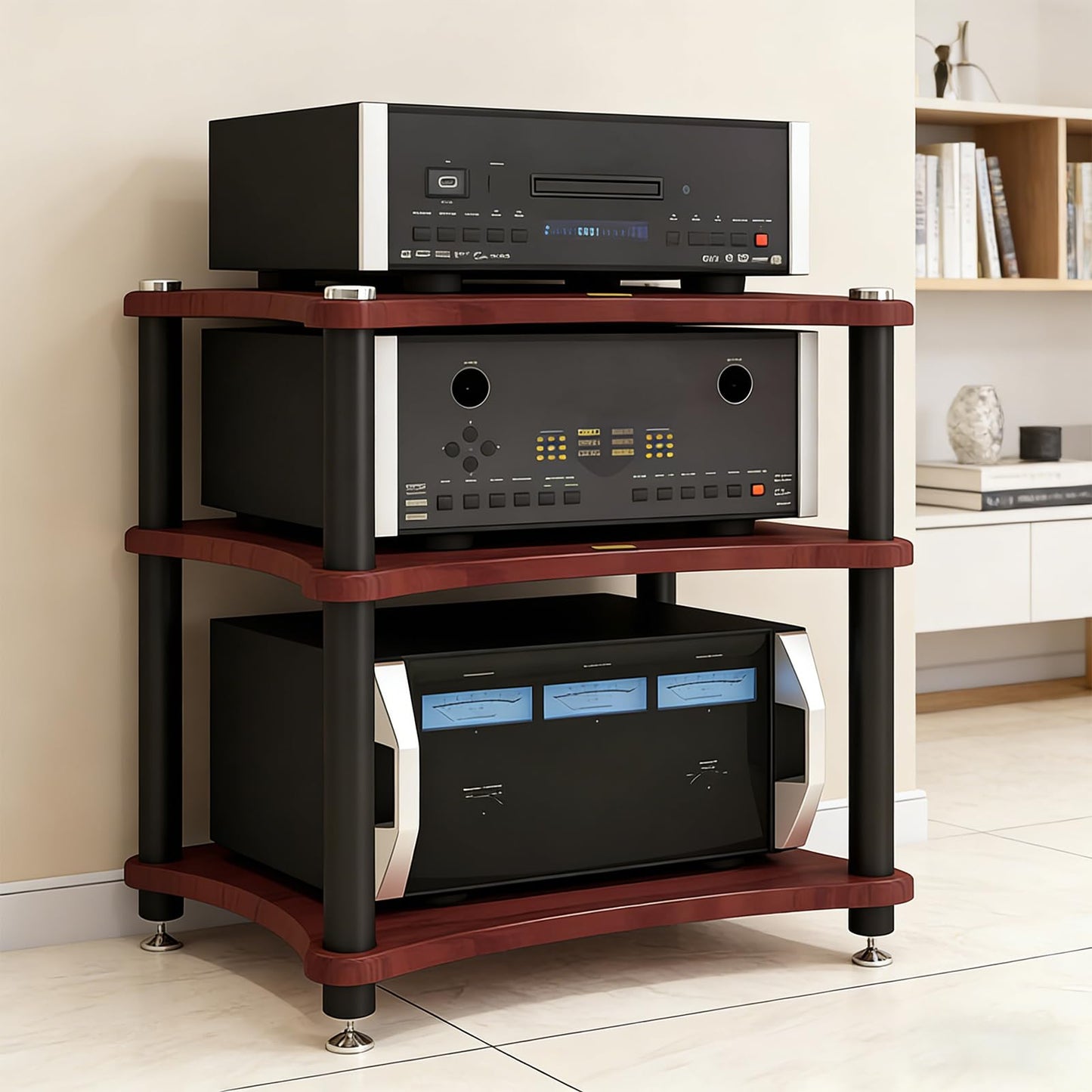 RAJYQODIS Heavy Duty Audio Component Rack, Large Storage Space AV Media Stand with Shock-Absorbing Foot pegs, Audio Rack Tower CD Player Stand for Home/Office/Audio Video/Theate (Teak, 3rd)