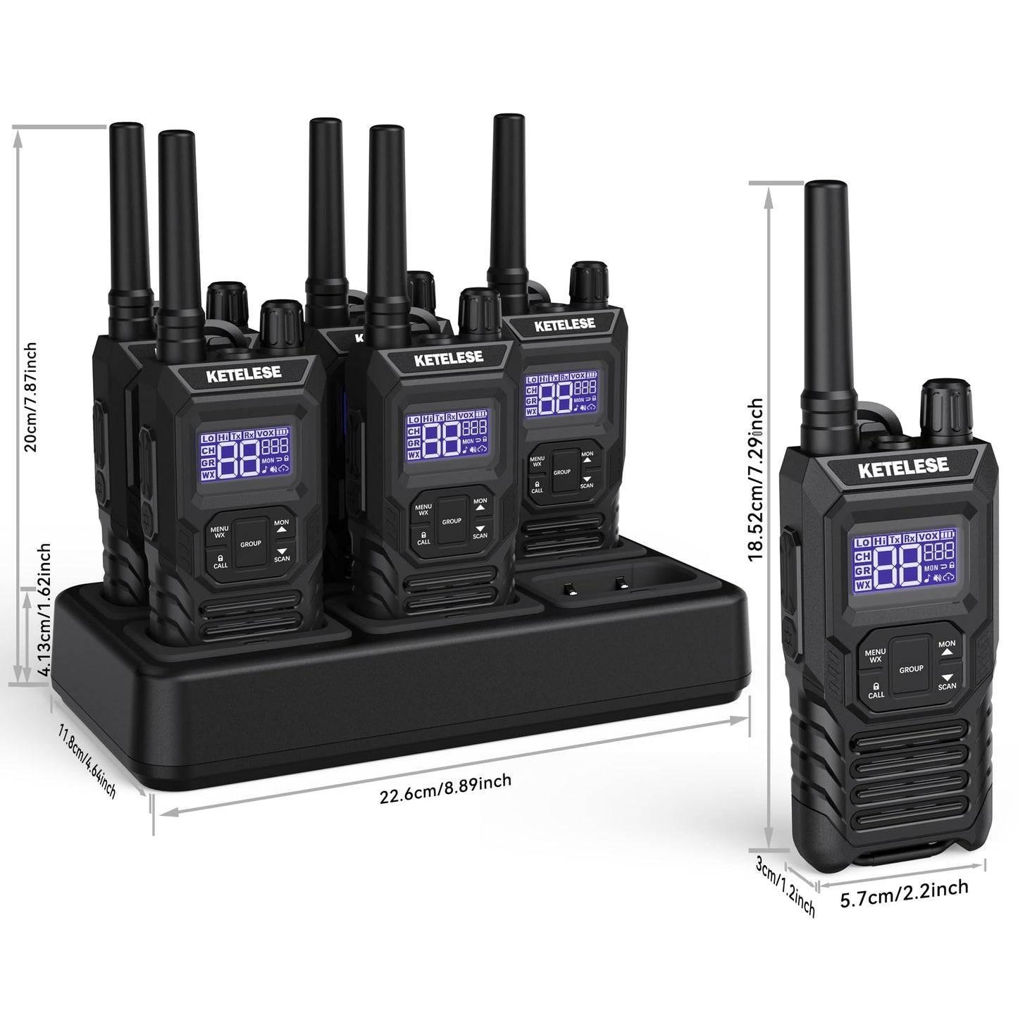Ketelese T4 Rechargeable Walkie Talkies Long Range, IP67 Waterproof Two Way Radio, 30 Channels Walkie Talkie with Earpiece, TypeC Dock&Cables, NOAA, VOX, Group Call, PTT, 6pack, Balck