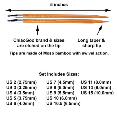 ChiaoGoo Spin Bamboo 5-Inch Complete 2500-C Interchangeable Circular Knitting Needle Set, Sizes US 2, 3, 4, 5, 6, 7, 8, 9, 10, 10.5, 11, 13, 15 with 6 Cords with Project Bag