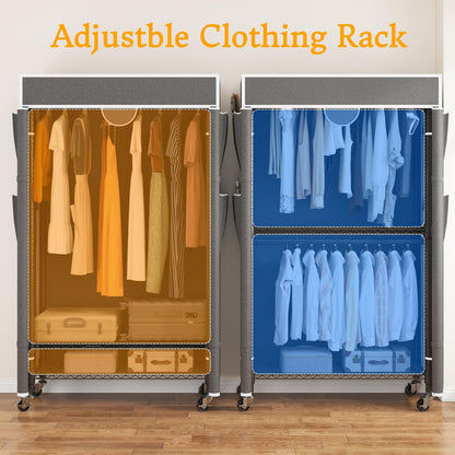 Homdox Garment Rack with Cover, Heavy Duty Clothing Rack for Hanging Clothes, Portable Closet Wardrobe, Double Rods Garment Rack with wheels, 35.1" W x 17.4" D x 80.6" H, Gray