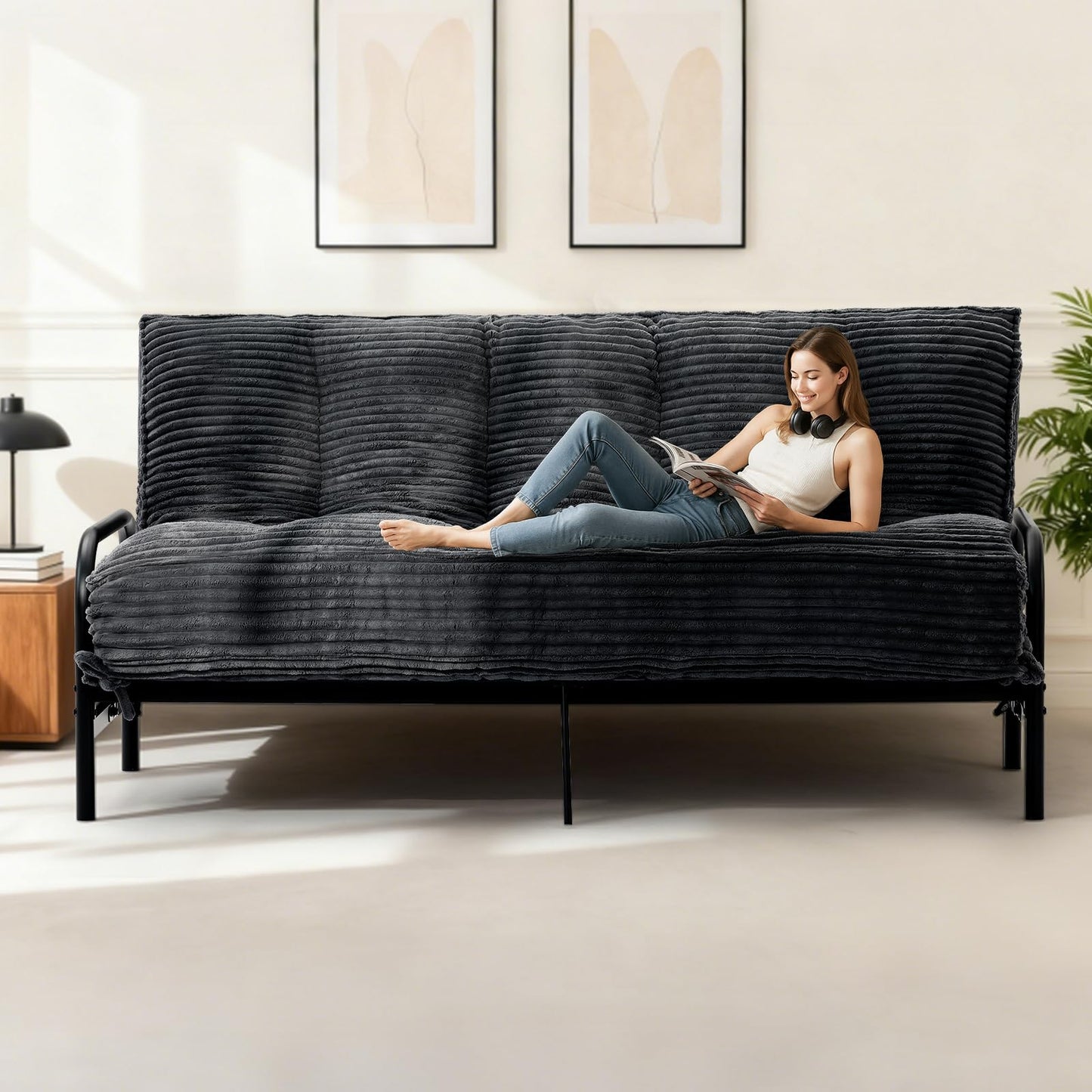 feliz home 10" Futon Mattress Full Size,Futons Sofa Couch Bed with Straps, Thick Corduroy Floor Mattress for Adults, Roll Up Folding Mattress Shredded Foam Filling, Medium Firm(Frame Not Included)