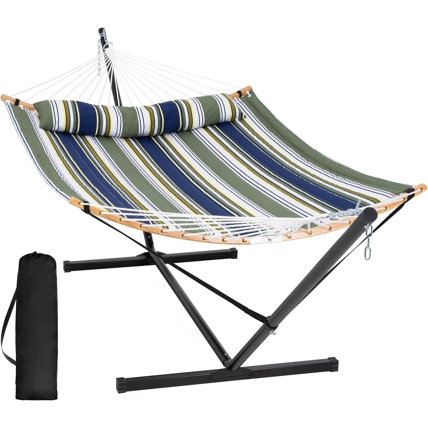 SUNCREAT Hammocks for Outside with Stand Included, Double Hammock with Curved Spreader Bar, Carrying Bag, Dark Green Stripes