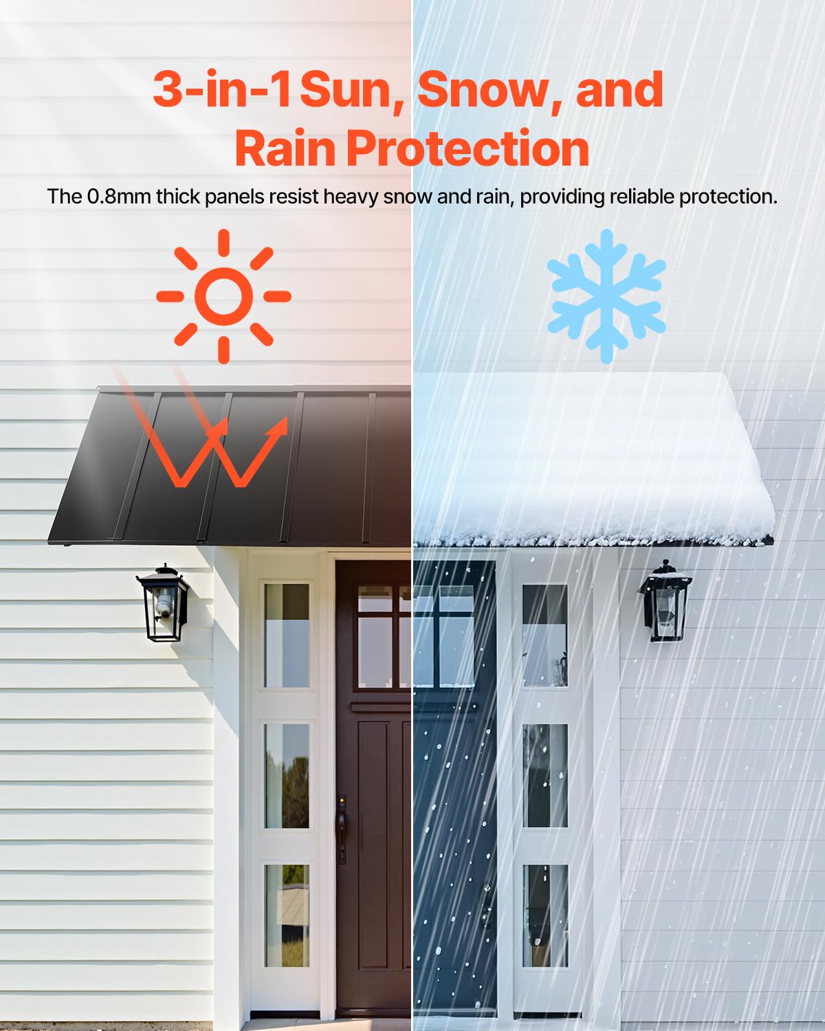 VEVOR Fixed Metal Awning 104 x 36 in, Window Awning Door Canopy, Stable Triangle Steel Frame Awnings for Doors Exterior Rain, Snow & Sunlight Protection for Door Entrance, Windows, Porches, Balconies