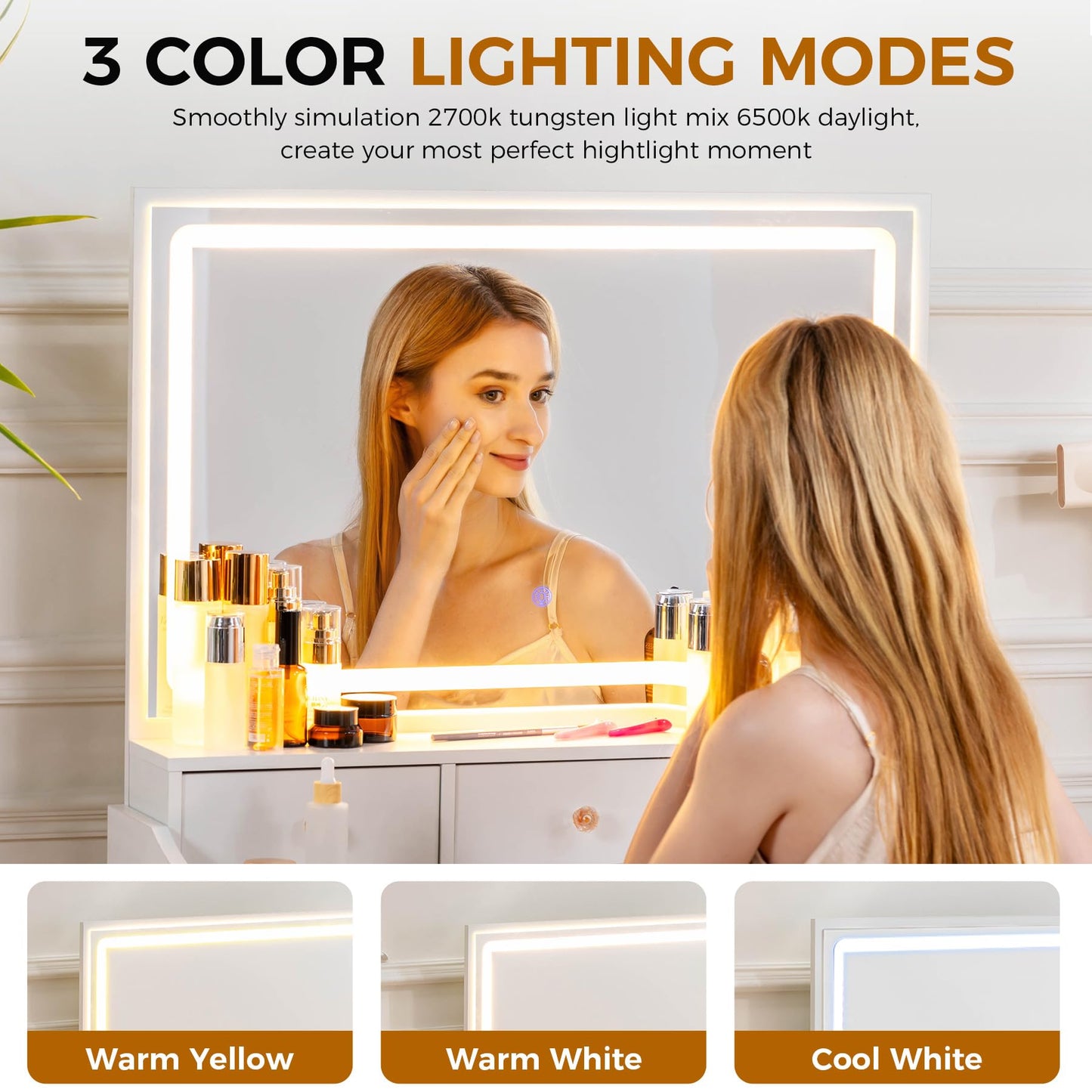 COMHOMA Makeup Vanity Desk with Mirror and Lights, Vanity Table and Chair Set with 5 Drawers and Charging Station, Bedroom Dresser LED Mirror Stepless Dimmable & 3 Color Modes Adjustable, White