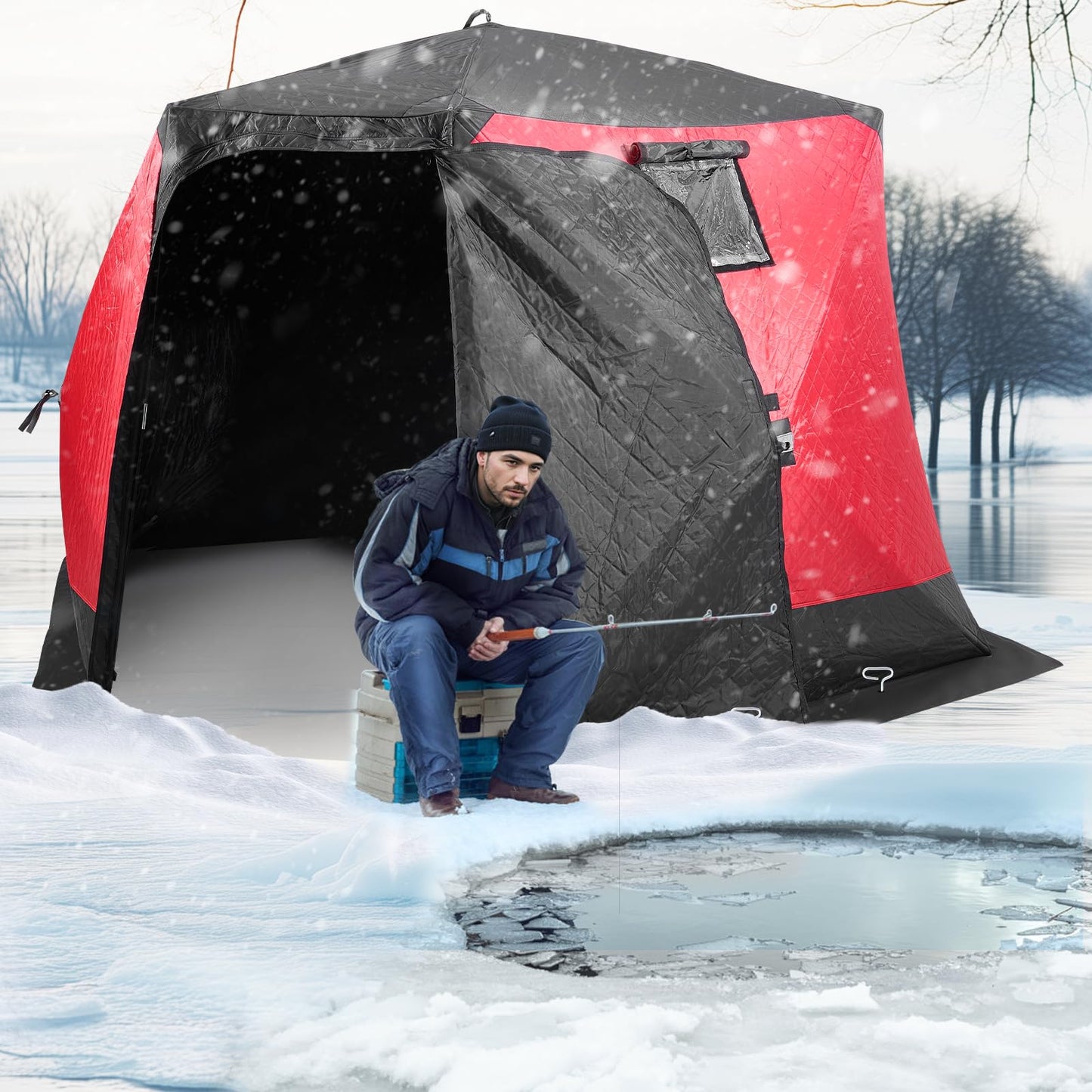 VEVOR Pop Up Ice Fishing Tent, 4-6 Person Large Insulated Shelter, 87x79x78 50sq ft Fishing Area, Portable Hub-Style Shanty for Winter, Ice Cube with Anchors, Ropes, Carrying Bag