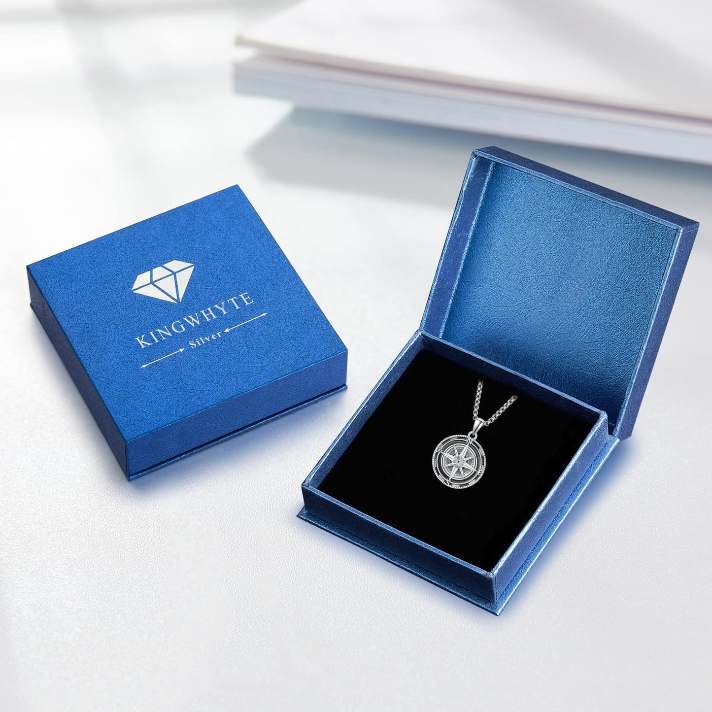 KINGWHYTE Compass Necklace for Men 925 Sterling Silver Necklaces Birthday Gifts Graduation Travel Jewelry for Husband Brother with Stainless Steel Chain 22"+2"