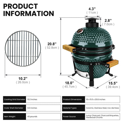 Upgraded 13 inch Ceramic Kamado Grill with Waterproof Air Vent Cap | Portable Tabletop Charcoal BBQ Grill Smoker for Outdoor Cooking, Patio, Camping | Green