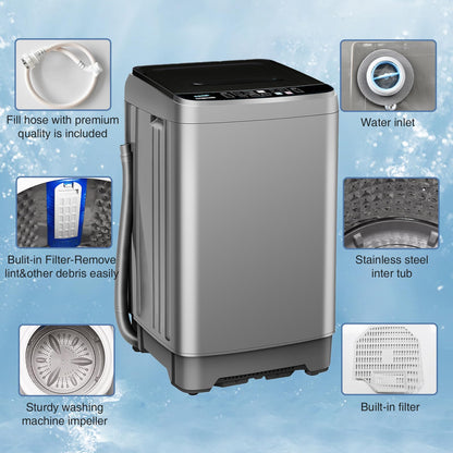 BINMIT 15.6lbs Full-Automatic Washing Machine, Portable Compact Laundry Washer with Drain Pump, 10 Programs 8 Water Levels with LED Display for RV, Camping, Apartment, Dorm, Dark-Grey
