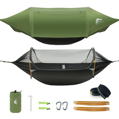 Rivenlo Camping Hammock Tent with Mosquito Net & RainFly, 3 in 1 Waterproof Portable Sleeping Hammock Bug Backpacker Lightweight Outdoor Gear Swing for Hiking Travel Patio Expedition(Dark Green)