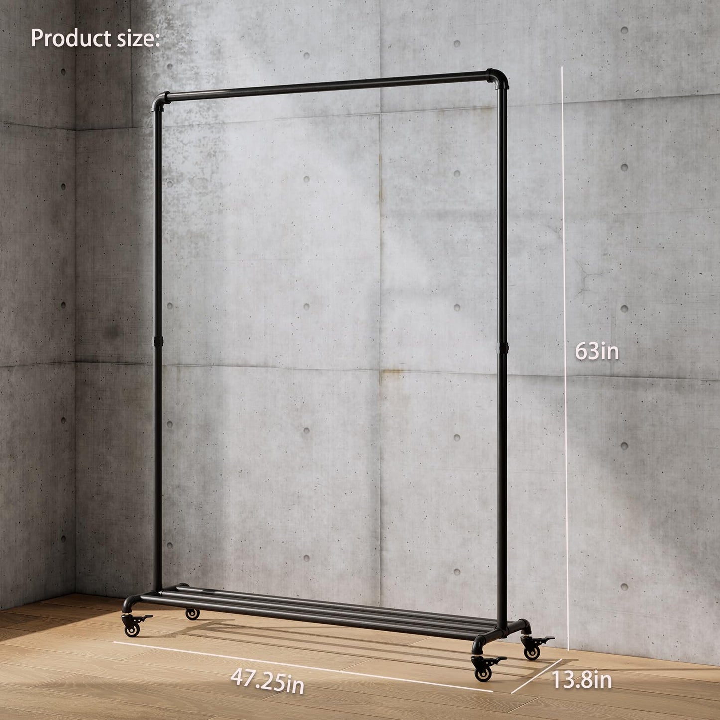 BUZUEY Industrial Pipe Clothing Rack with Wheels,Rolling Garment Rack with Bottom Shelf, Sturdy Metal Clothes Rack for Hanging Clothes Heavy Duty,Black Mobile Wardrobe Rack for Bedroom & Boutique