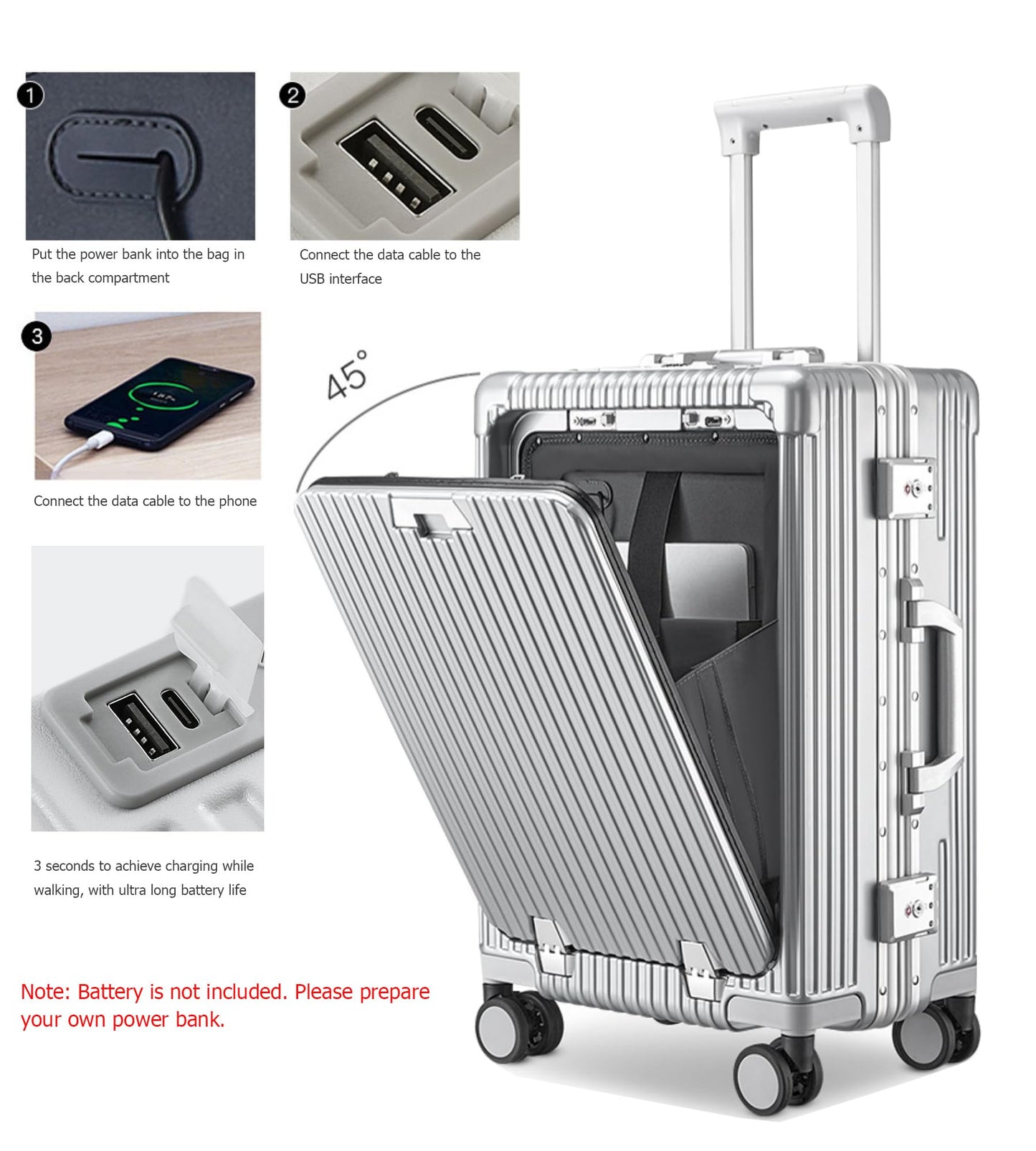 feilario Aluminium Frame PC Hard Shell Spinner Wheels Luggage,20.8"X15"X8.7 Airline Approved Built-In TSA lock Carry on Suitcase, with Cup Holder, USB Port, Phone Holder