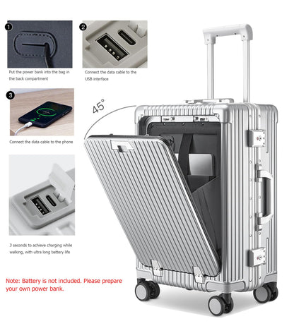 feilario Aluminium Frame PC Hard Shell Spinner Wheels Luggage,20.8"X15"X8.7 Airline Approved Built-In TSA lock Carry on Suitcase, with Cup Holder, USB Port, Phone Holder