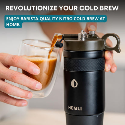 Hemli Nitro Cold Brew Coffee Maker 12 oz Ceramic-Lined, Tritan Cup, Pressure Gauge, Stores 3 Nitrogen Gas Bulbs Custom Designed for Cold Brew and Nitro Drinks