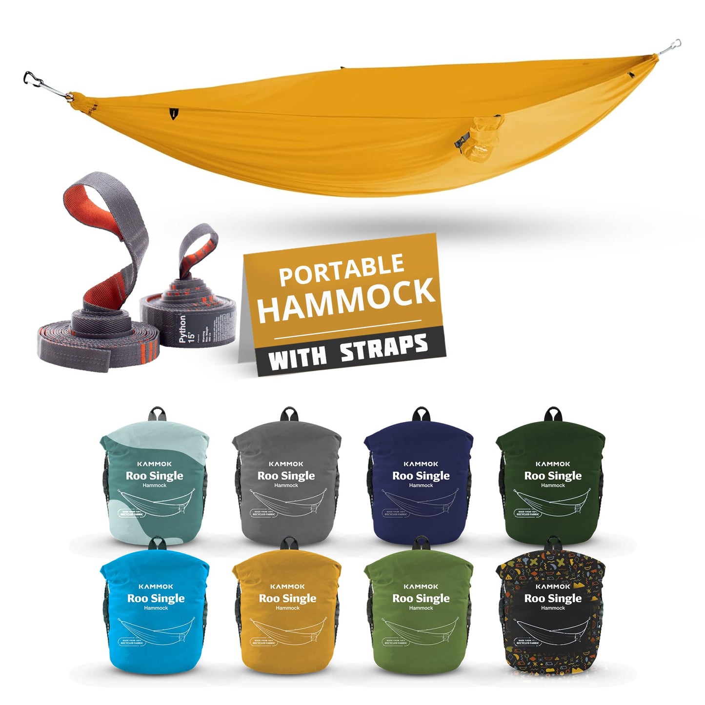 Single Hammock for Outdoor Adventures - Lightweight Camping Hammock Made from Recycled, Ultra-Strong Fabric for Lasting Comfort - Includes Python 10' Hammock Straps for Fast, Knotless Setup Anywhere