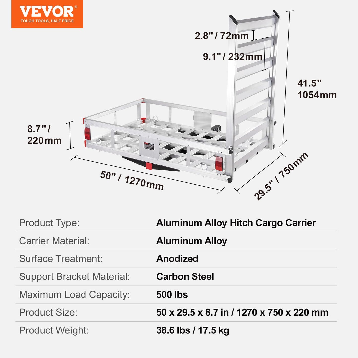 VEVOR 50 x 29.5 x 8.7 inch Hitch Cargo Carrier, 500lbs Capacity Trailer Hitch Mounted Cargo Basket, Aluminum Luggage Carrier Rack with Folding Ramp, Fits 2" Receiver for SUV Truck Pickup Camping