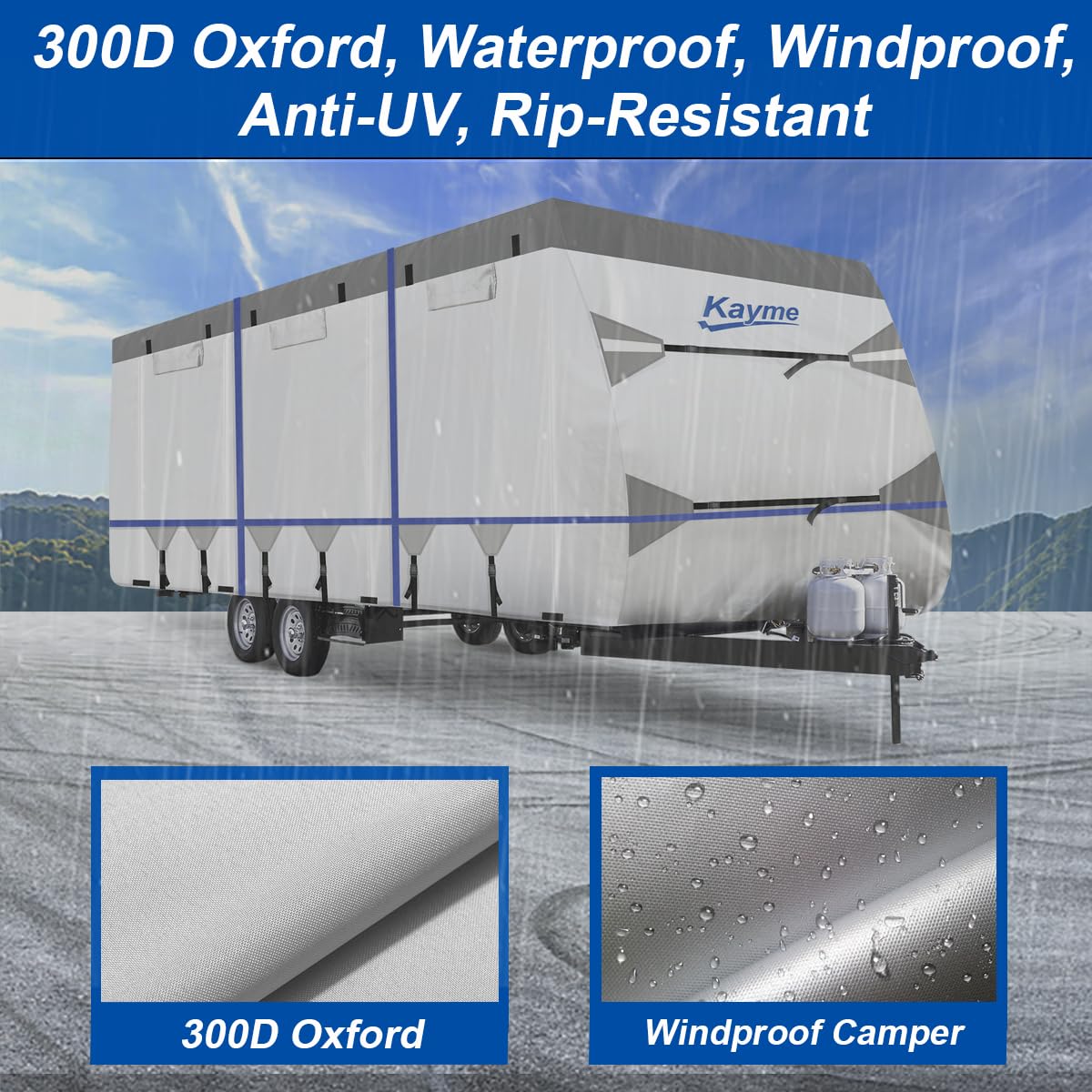 Kayme RV Cover for 28-31ft Travel Trailers, 300D Oxford Heavy Duty Waterproof Camper Cover with Zipper Door.Windproof, UV Protection, Snowproof.Includes 4 Tire Covers, Jack Cover & Wind Straps
