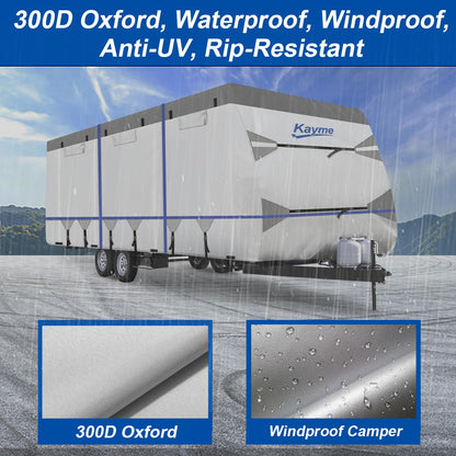 Kayme RV Cover for 28-31ft Travel Trailers, 300D Oxford Heavy Duty Waterproof Camper Cover with Zipper Door.Windproof, UV Protection, Snowproof.Includes 4 Tire Covers, Jack Cover & Wind Straps
