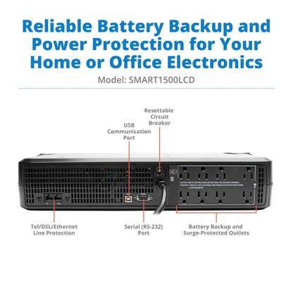 Tripp Lite 1000VA Smart UPS Battery Back Up, 500W Tower, 8 Outlets, LCD Display, AVR, USB, Tel / DSL / Coax Protection, 3 Year Warranty & $250,000 Insurance (SMART1000LCD) Black