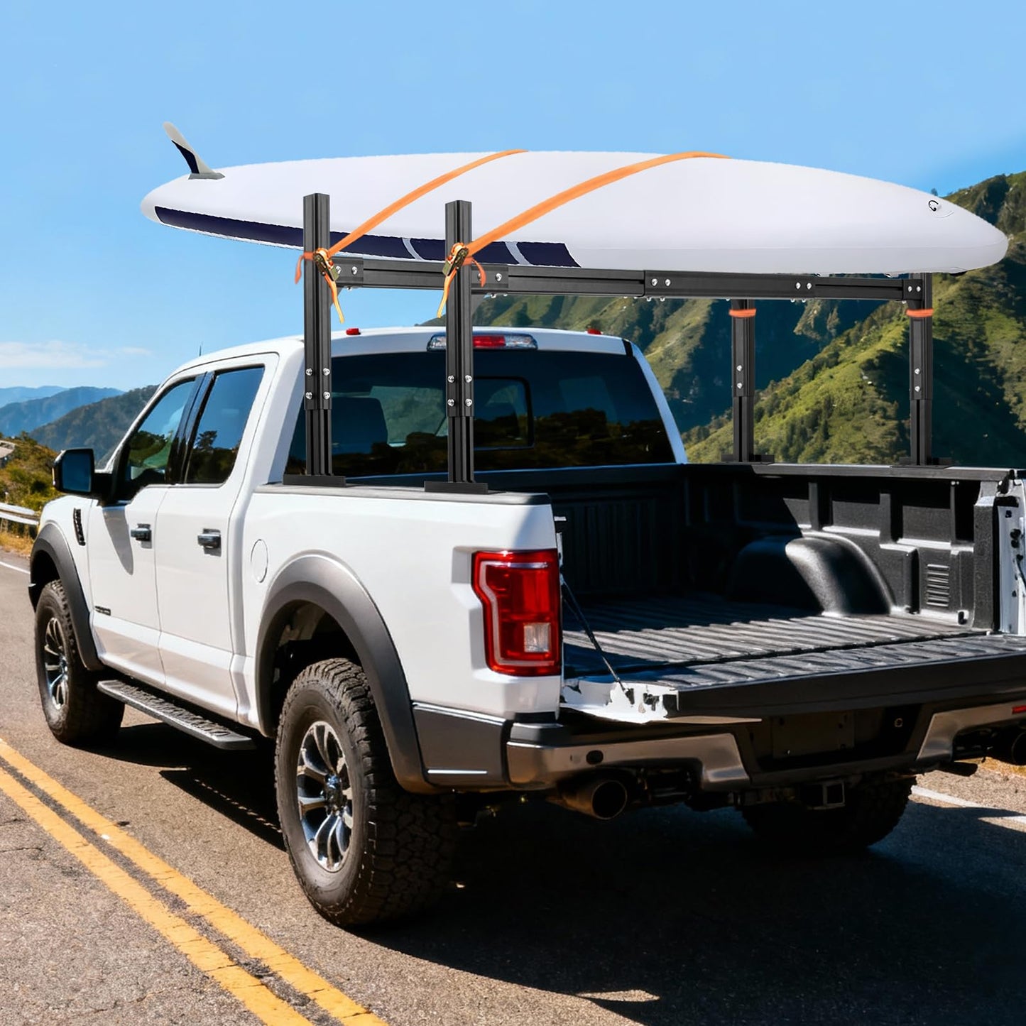 LMYYGOO Adjustable Truck Ladder Rack, Universal Trailer Rack - Width & Height Adjustable Aluminum Rack with 800LB Capacity & 2 Straps for Lumber, Ladders, Kayak