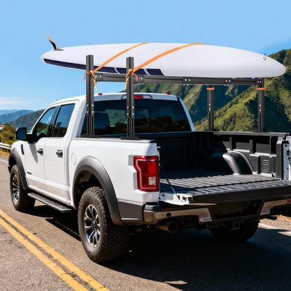 LMYYGOO Adjustable Truck Ladder Rack, Universal Trailer Rack - Width & Height Adjustable Aluminum Rack with 800LB Capacity & 2 Straps for Lumber, Ladders, Kayak