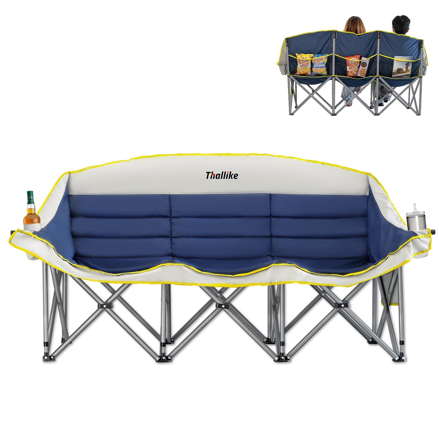 Thallike Double Camping Chair – 2-3 Person Outdoor Folding Sofa with Cup & Wine Glass Holders – Oversized Loveseat Camping Couch for Campfire, RV, Backyard – Supports Up to 1050 lbs