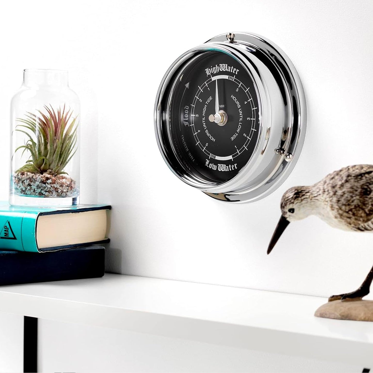 Tabic Prestige Tide Clock in Chrome with Jet Black Dial, Traditional Marine Tide Wall Clock, Ocean-Themed Nautical Clock for Beach Enthusiasts - Heavy Chrome Plated, Handcrafted in England