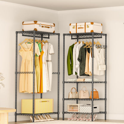 Exglobol Heavy Duty Garment Rack, Portable Expandable Freestanding 4 Tiers Adjustable Wire Shelves Clothes Rack with 2 Retractable Poles, 70.9-86.6" L x 15.7" W x 76.8" H, Max Load 900LBS, Black