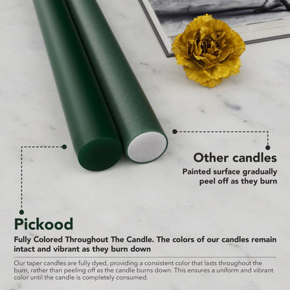 Pickood 10-Inch Tall Dripless Taper Candles Set of 4 - Dark Green Tapered Candles, Perfect for Christmas - Smokeless, Unscented, Long Burning - Hand Poured, Colored Tall Candlesticks - Hunter Green