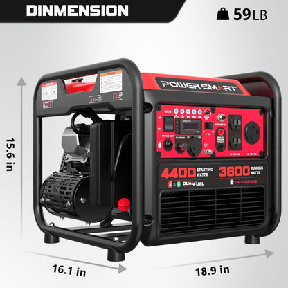 PowerSmart 4400-Watt Dual Fuel Portable Inverter Generator, PowerSmart Gas Powered, CO-Sensor, Lightweight & Quiet for Home Use and Emergency Backup, Camping, EPA Compliant