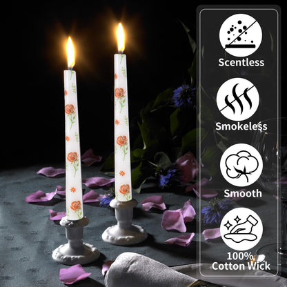 Taper Candles,10 inch 2pc White Tapered Candles with Red Rose Printed, Unscented and Smokeless Long Burning Candles,Tall Candlesticks with Cotton Wicks,Ideal for Weddings, Home Décor