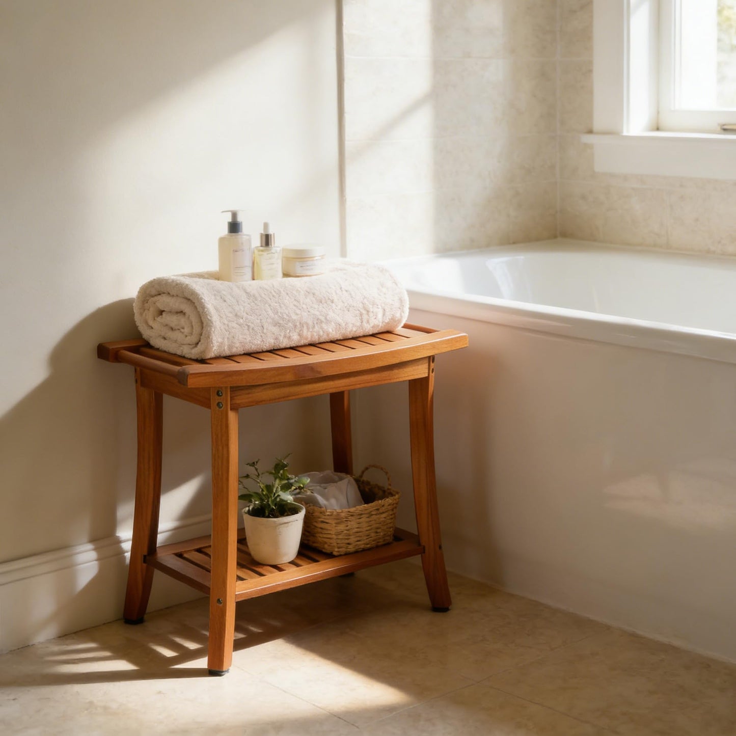Utoplike Teak Shower Bench Seat with Handles, Portable Wooden Spa Bathing Stool with Storage Towel Shelf, 22" x 13" x 18.6", Perfect for Indoor and Outdoor Use