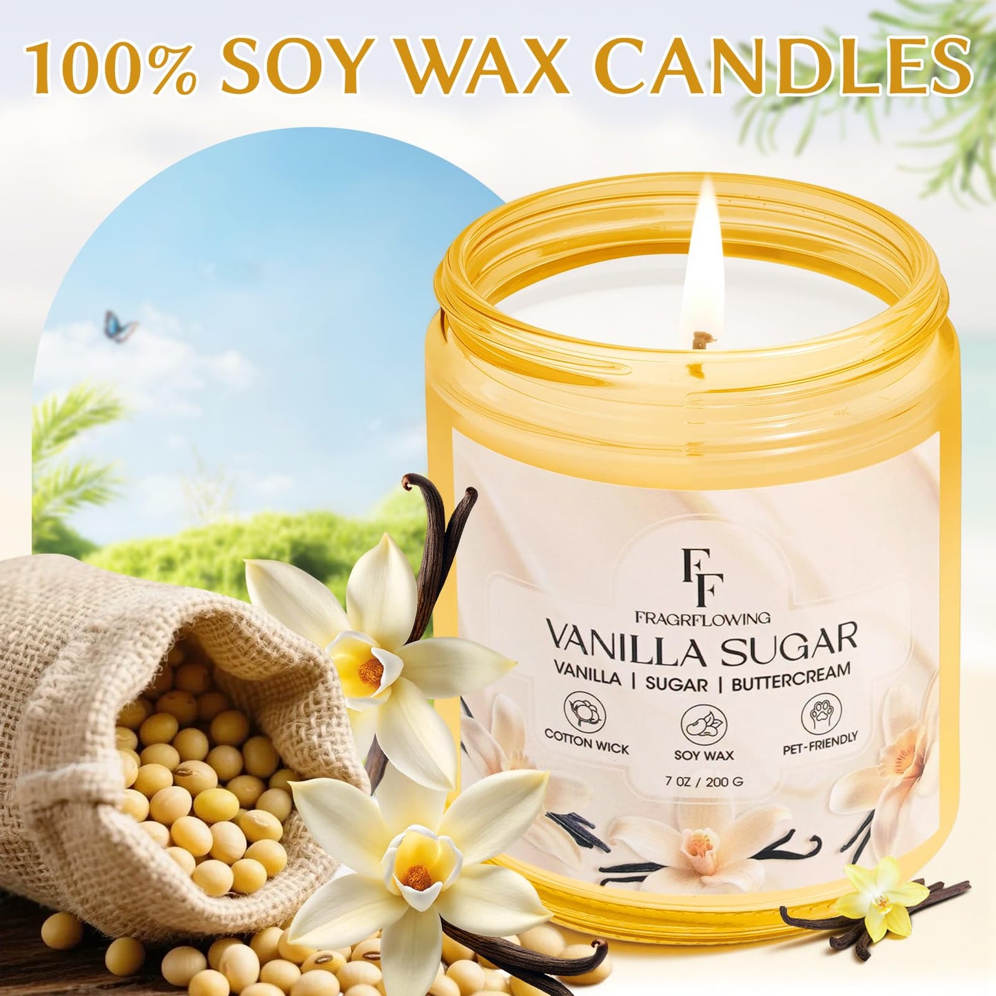 Vanilla Sugar Scented Candle, Natural Soy Wax Jar Candle for Home Scented, 100-Hour Burn Time Gifts for Women Men, 7 oz (2 Pack)