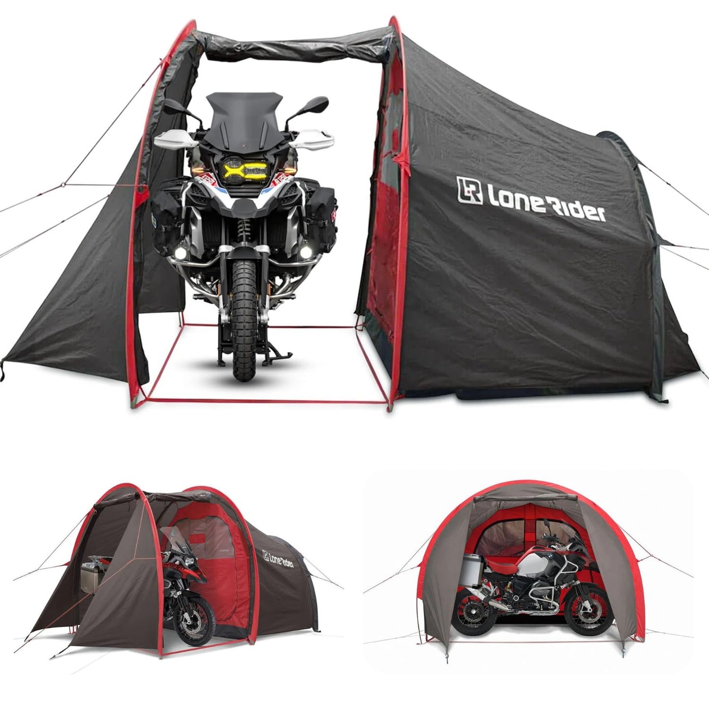 Lone Rider Motorcycle Tent with Bike Compartment - Fully Waterproof 2 Person Camping MotoTent Shelter with Moto Gear Equipment Storage Area - Includes Carry Bag, Groundsheet and Pegs