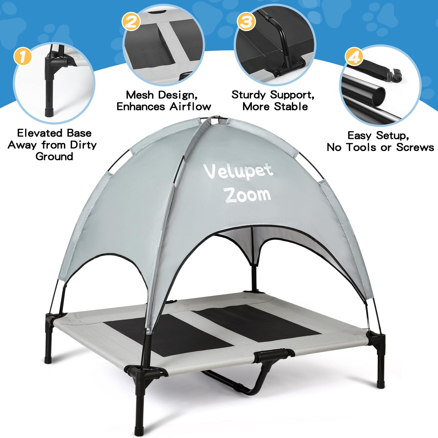 Velupet Zoom 4-in-1 Pet Travel & Outdoor Set, Include 48in Gray Elevated Dog Bed with Canopy, Dog Canopy Bed, Pet Back Seat Cover, 50ft Tie Out Cable, Collapsible Double Pet Bowls
