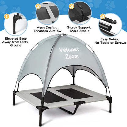 Velupet Zoom 4-in-1 Pet Travel & Outdoor Set, Include 48in Gray Elevated Dog Bed with Canopy, Dog Canopy Bed, Pet Back Seat Cover, 50ft Tie Out Cable, Collapsible Double Pet Bowls