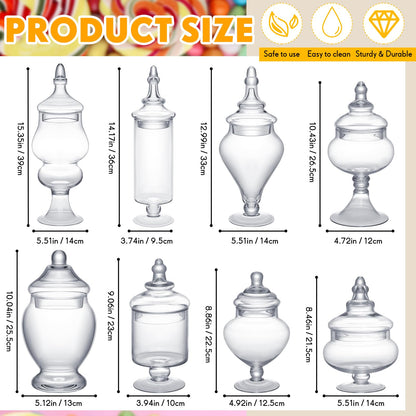 Hushee 8 Pcs Large Apothecary Candy Jars with Lids Glass Clear Candy Buffet Containers Set Apothecary Kit Candy Dishes with Lids for Bathroom Candy Bar Kitchen Decoration