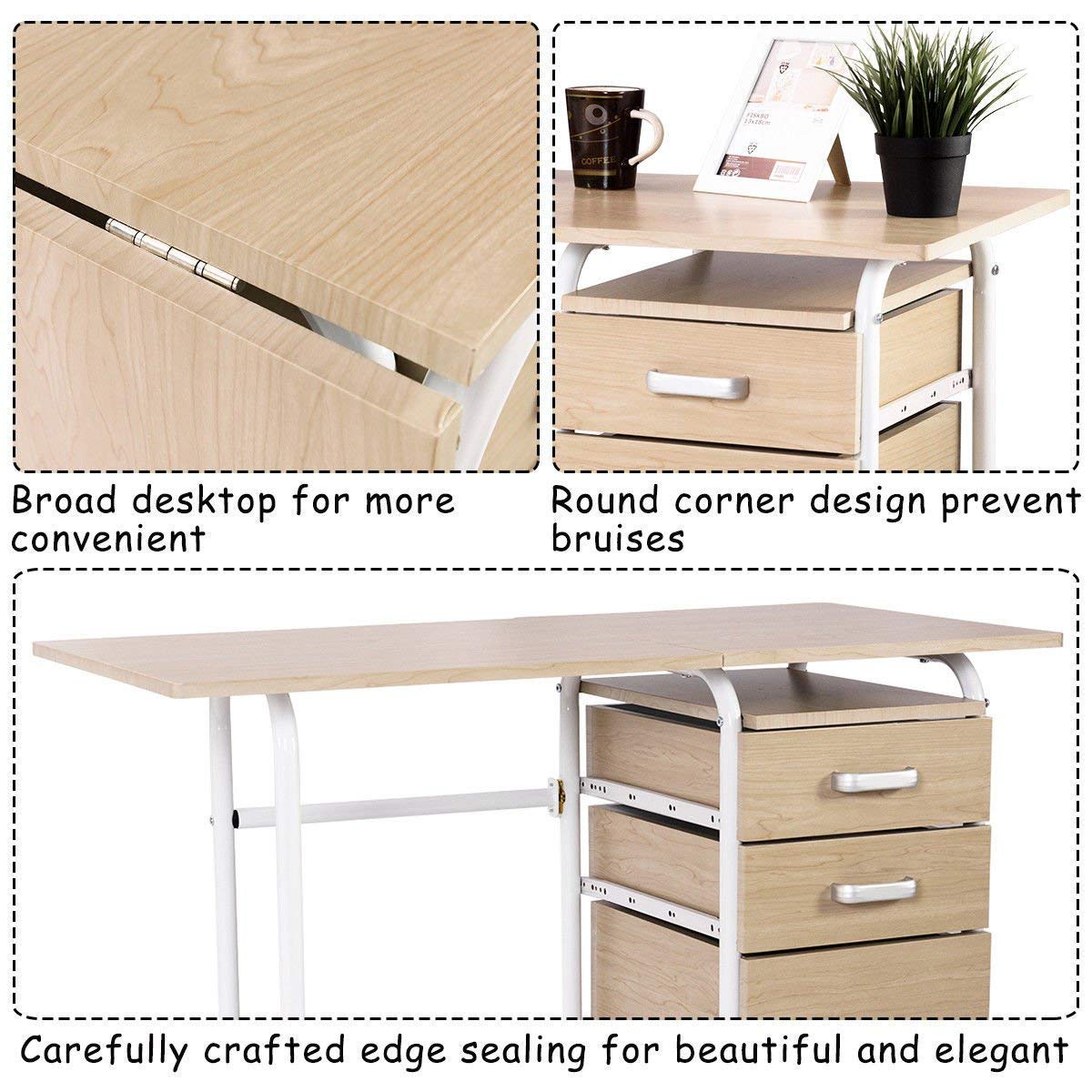 Tangkula Folding Computer Desk with 3 Drawers, Mobile Home Office Desk, Portable Laptop Desk Writing Table, Space Saving Compact Desk for Small Spaces, Dorm, Apartment