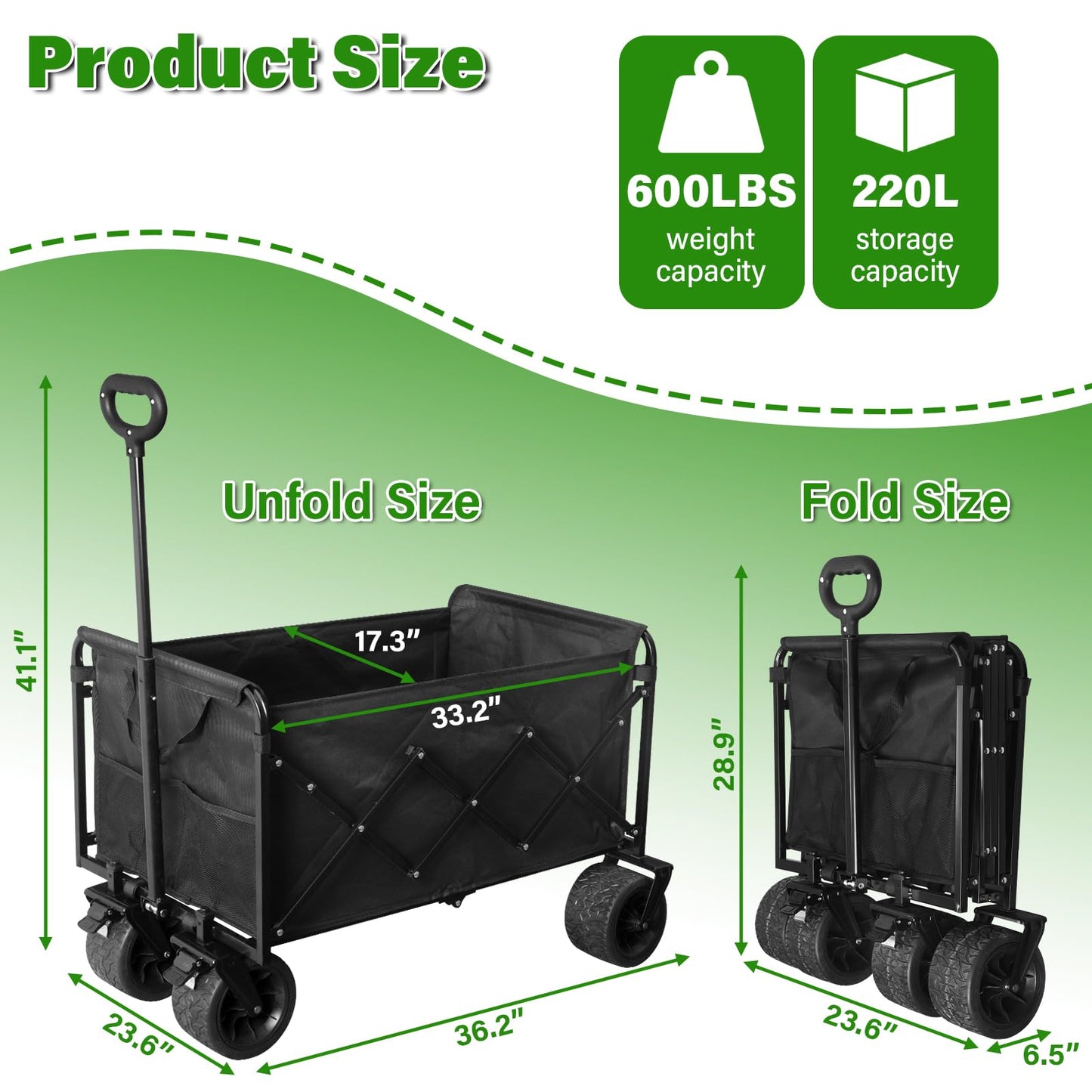 Folding Wagon Cart with All-Terrain Wheels – Heavy Duty Collapsible Utility Wagon for Grocery, Sports, Garden, Camping, Shopping (Black 600LBS)