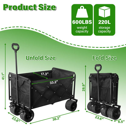 Folding Wagon Cart with All-Terrain Wheels – Heavy Duty Collapsible Utility Wagon for Grocery, Sports, Garden, Camping, Shopping (Black 600LBS)