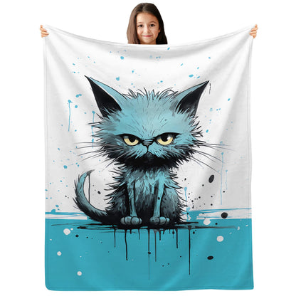 SARA NELL Cute Angry Cat Blue and White Splash Design Flannel Throw Blanket, Soft Plush Cat Gifts for Girls Boys, Kids Funny Animal Print Birthday Ideas, 40 in x 50 in