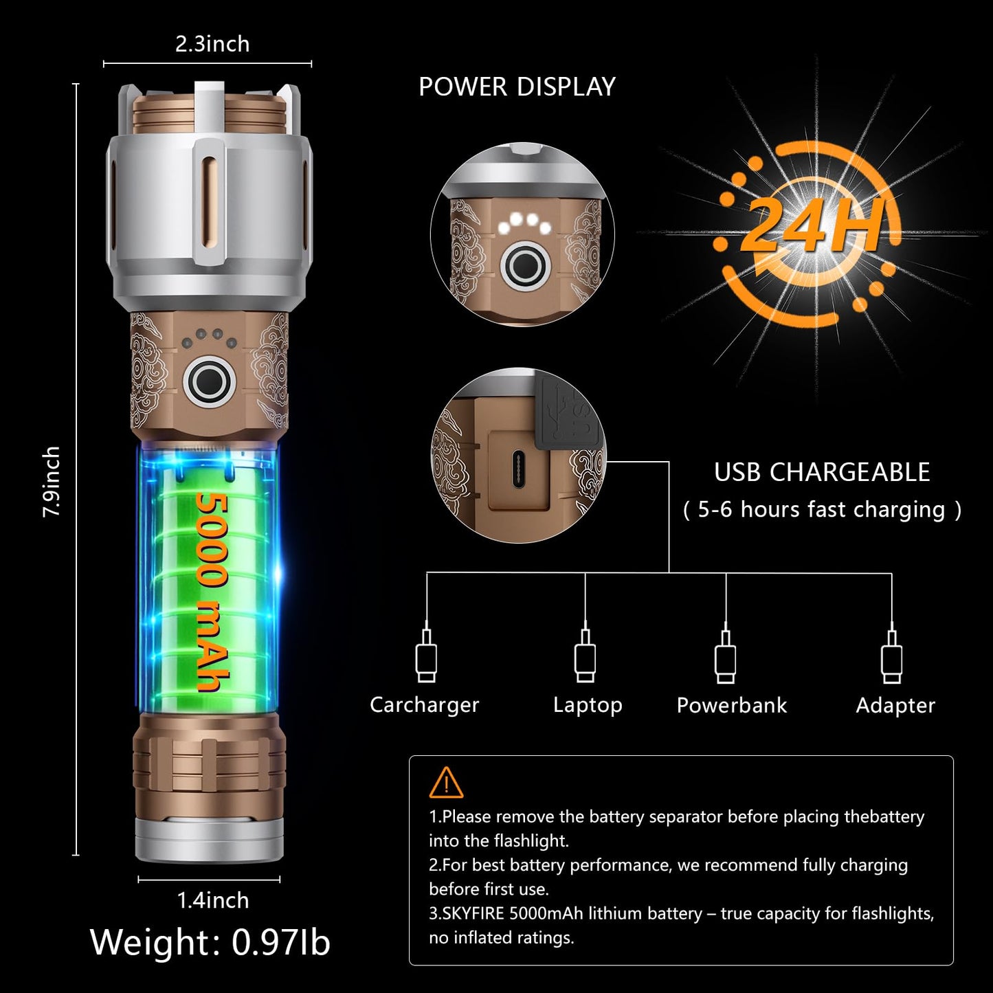 SKYFIRE 2503 LED Rechargeable Flashlights with Lightsaber, 3000 High Lumens Waterproof Zoomable Powerful Bright Flash Light for Home, Outdoor, Flash Saber Fans and Night Adventures with Ignition Lens