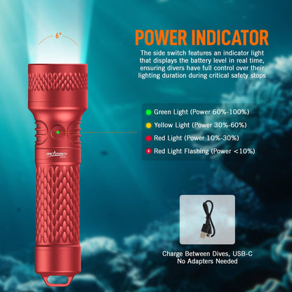 ORCATORCH ORCA7 Dive Light, 3000 Lumens SOS Signal Scuba Diving Flashlight, 6° Narrow Beam Underwater Torch, IP68 Waterproof Rated to 150M for Night Diving, Cave Exploration&Technical Scuba Gear (Red)