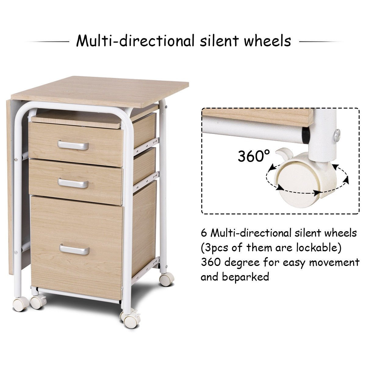 Tangkula Folding Computer Desk with 3 Drawers, Mobile Home Office Desk, Portable Laptop Desk Writing Table, Space Saving Compact Desk for Small Spaces, Dorm, Apartment