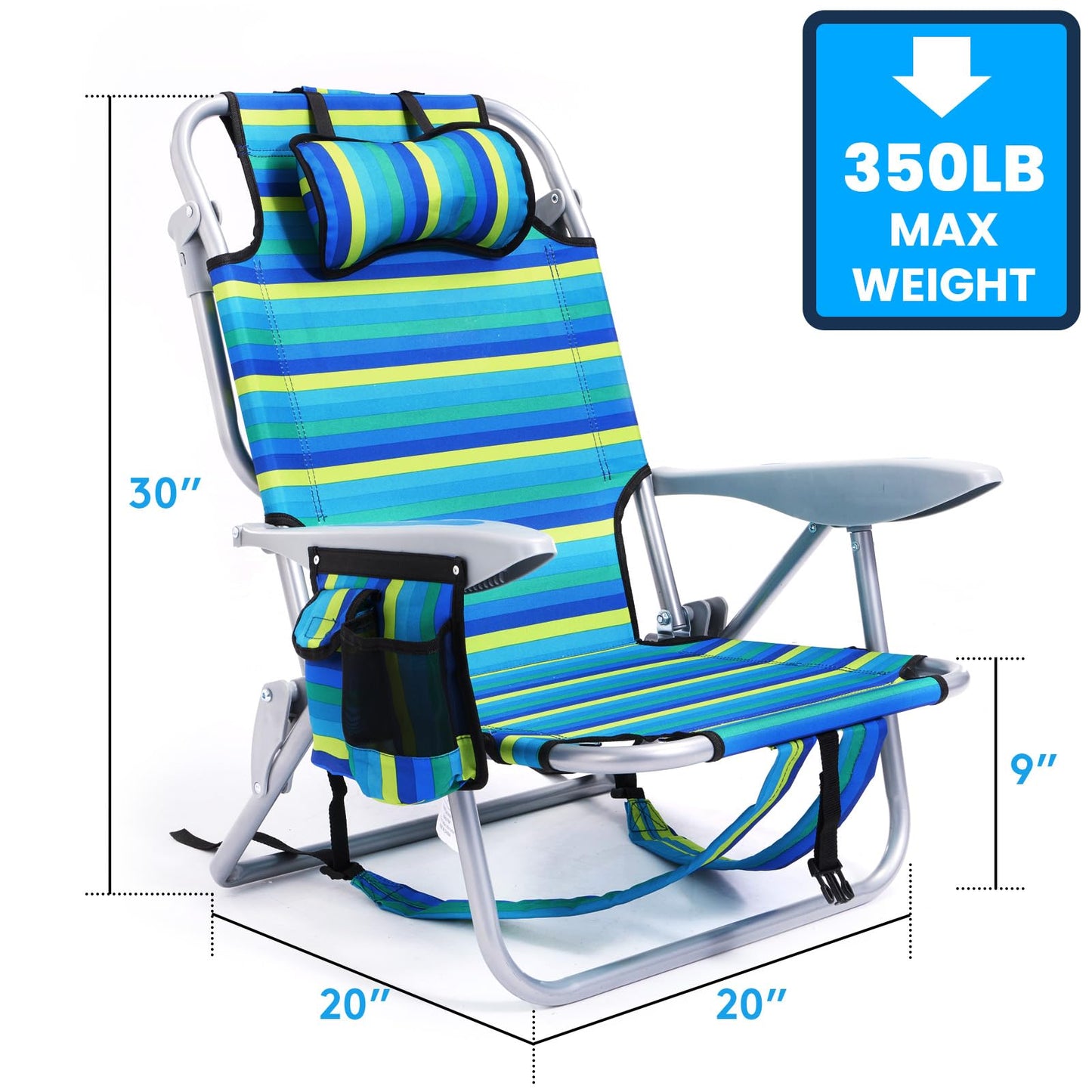 Canpsky 2 Pack Lightweight Portable Camping Beach Chair for Adults, Outdoor Lay Flat Folding Beach Chairs with 5 Positions, Backpack Beach Chair with Towel Bar, Zipper Pouch, Cup Holder, Ocean Striped