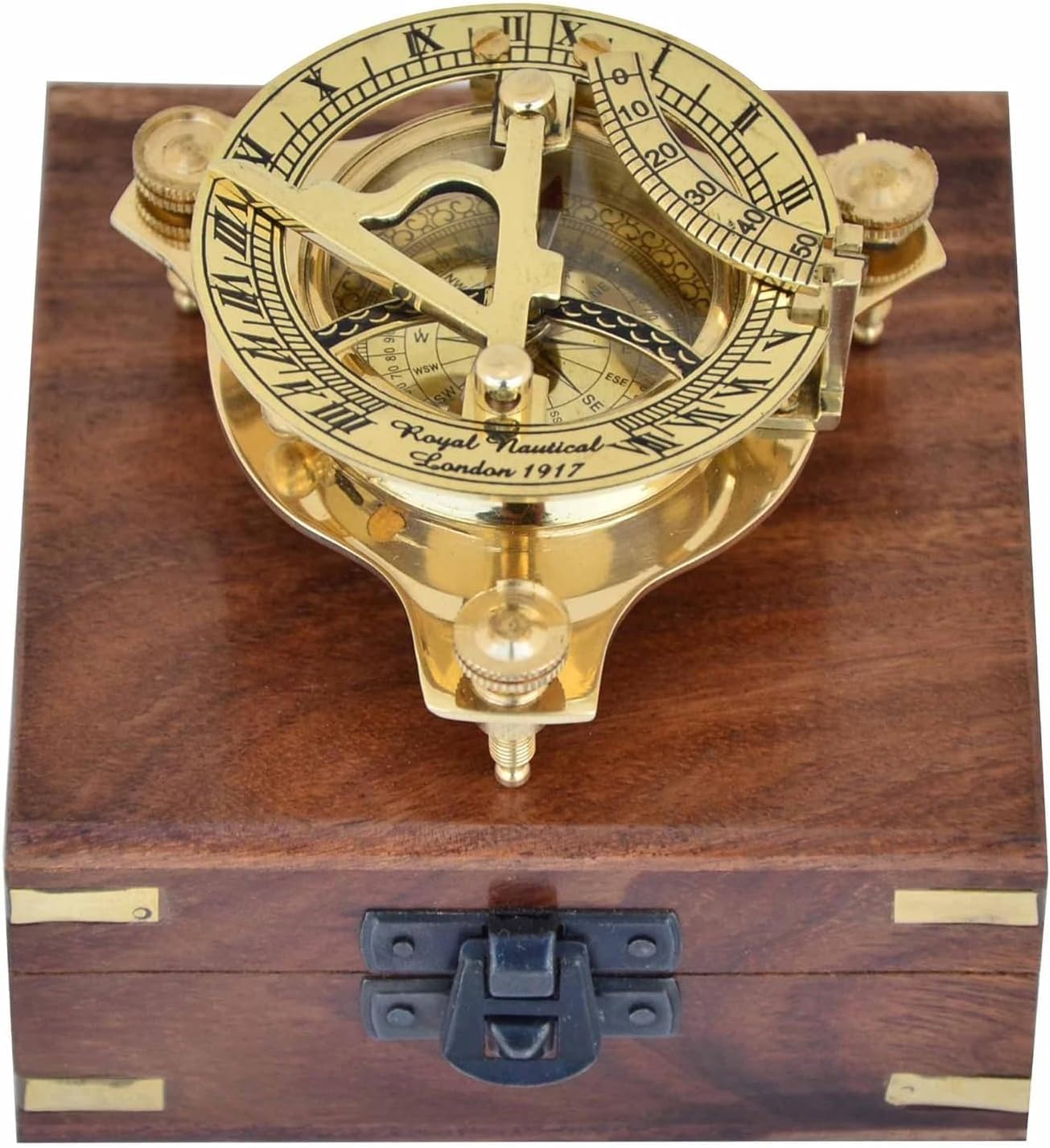 Royal Nautical London 1917 Brass Sundial Compass Set with Wooden Box, 3 Inches, Vintage Style, Gold