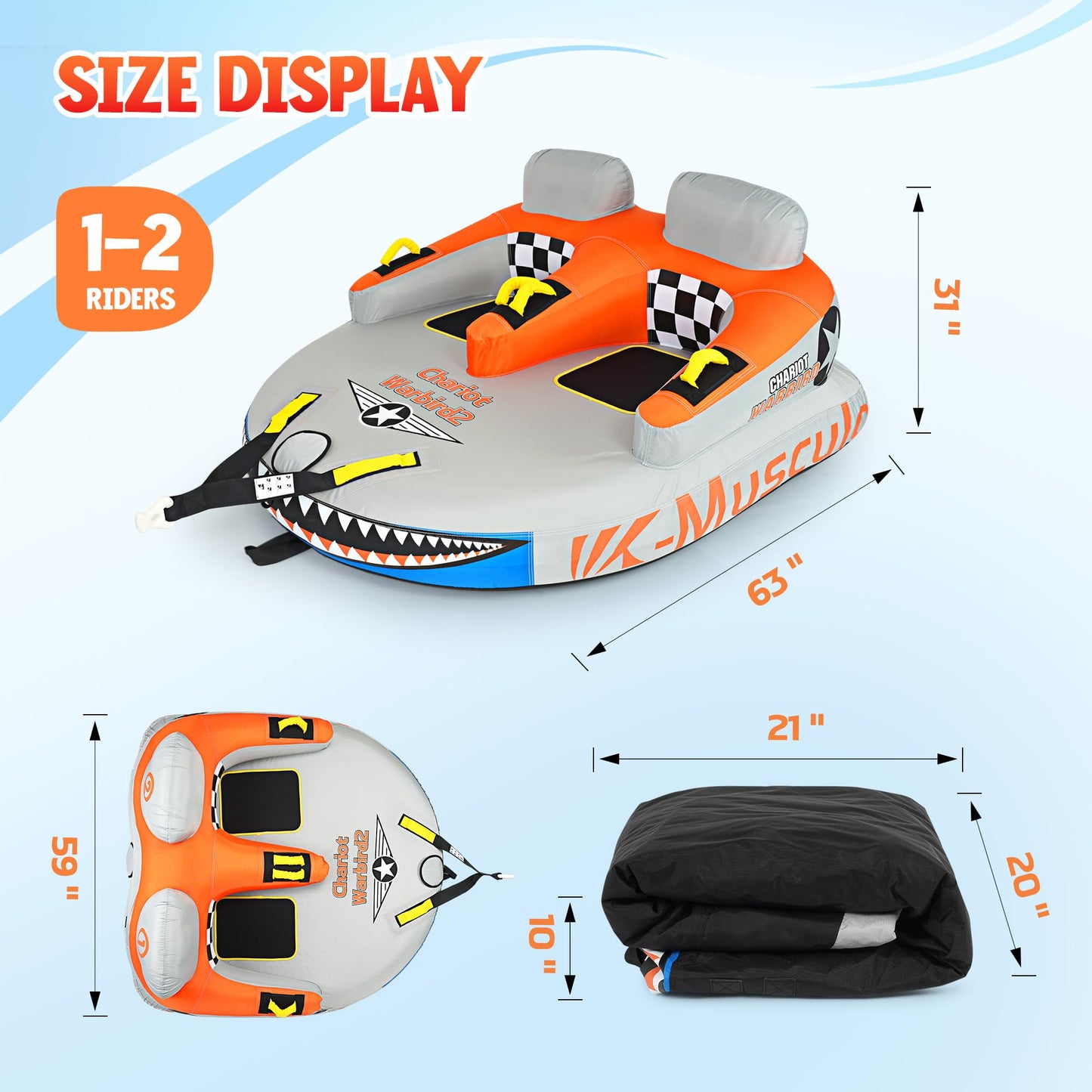 K-Musculo Towable Tubes Heavy Duty Water Tubes - 2 Person Shark Battle Tank, Boat Tubes & Towables, EVA Foam Pads, Drainage, Super Safe Handle, Quick Connector (F-1012)