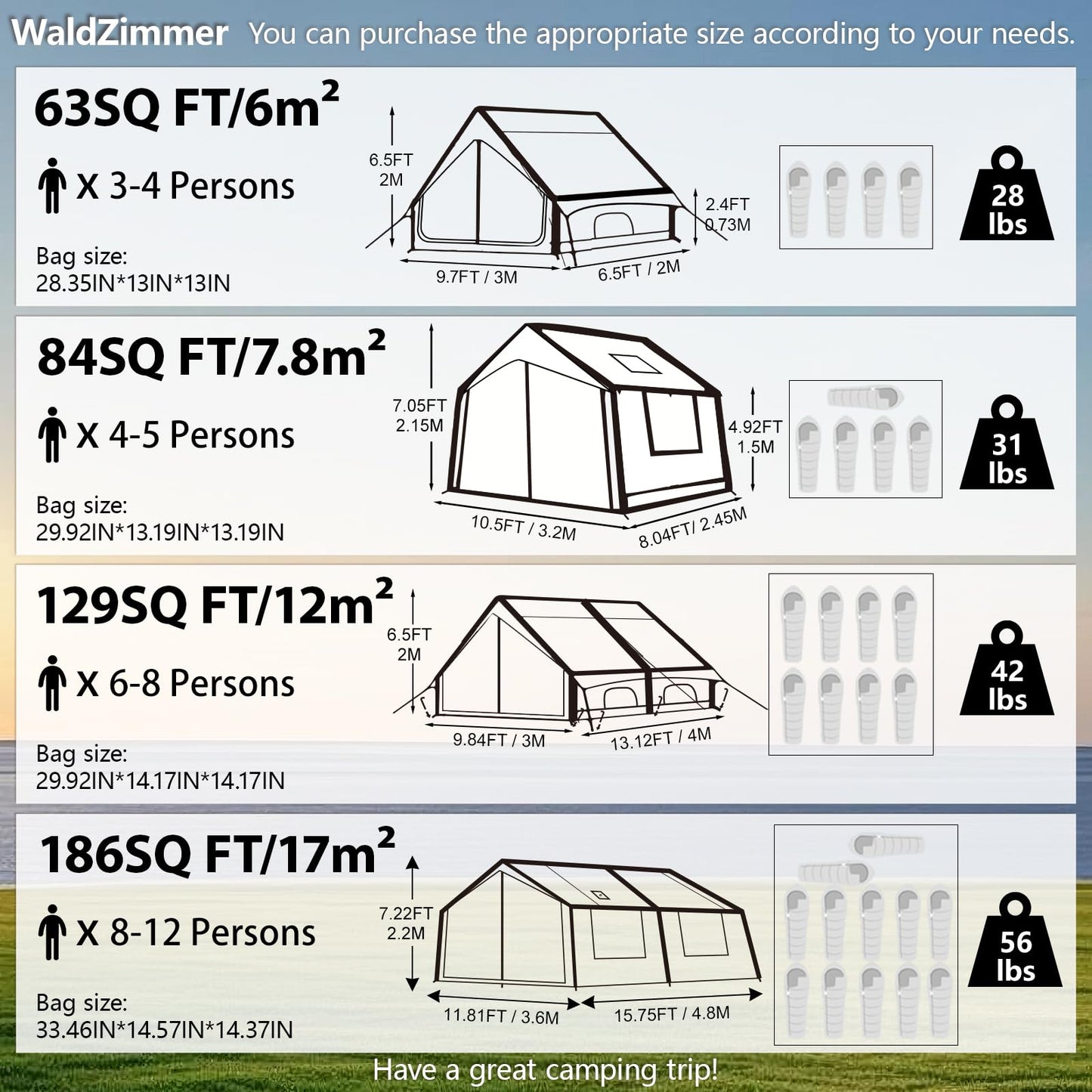 WaldZimmer Inflatable Camping Tent with Hand Pump Waterproof Outdoor Blow up Tent Oxford 4 Season Air Tent Cabin House with Mesh Windows & Door 12sq/6sq Green (9.74ft*6.46ft*6.56ft (3-4 Person))