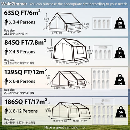 WaldZimmer Inflatable Camping Tent with Hand Pump Waterproof Outdoor Blow up Tent Oxford 4 Season Air Tent Cabin House with Mesh Windows & Door 12sq/6sq Green (9.74ft*6.46ft*6.56ft (3-4 Person))