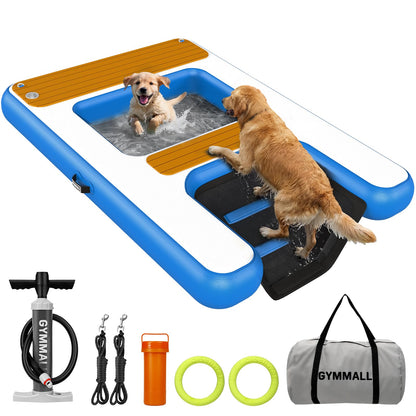 GYMMALL Large Dog Dock Ramp with Water Hammock 5.6 * 4ft, Inflatable Dog Water Ramp Platform 6 inch Thickened for Boat Pool Lake Sea, PVC Floating Boat Ramp for Dogs up to 330lbs, Dog Boat Ramp Blue